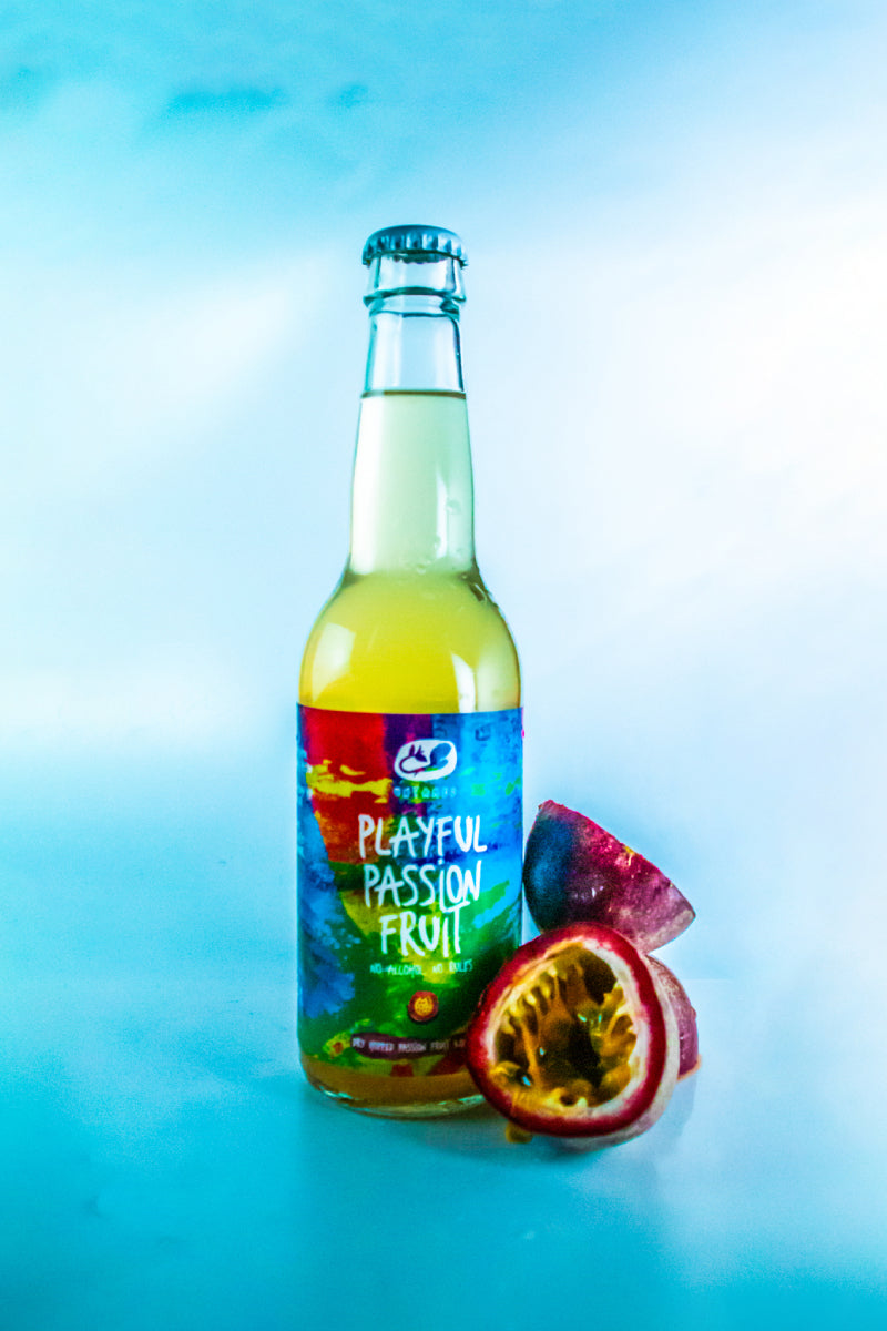 Playful Passion Fruit van Untamed Kombucha, met verse ingredienten erbij