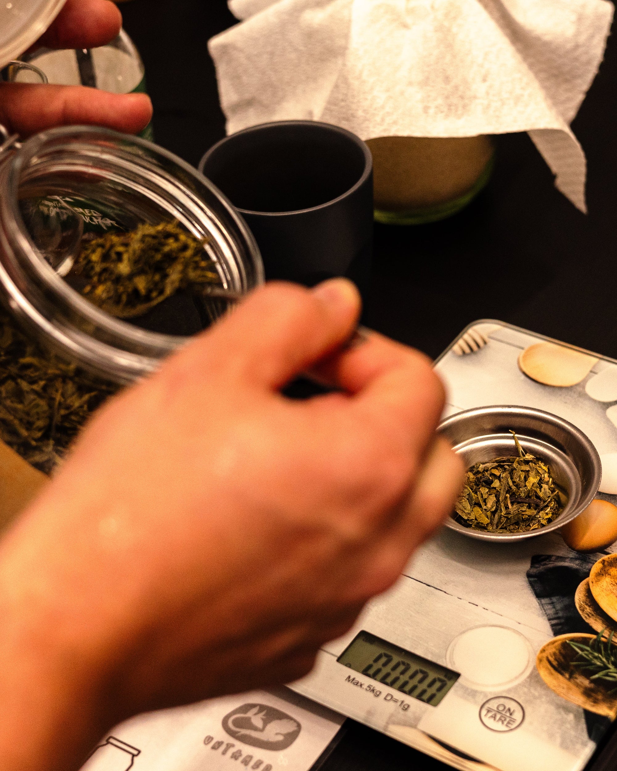 Groene thee afwegen bij de workshop kombucha maken 